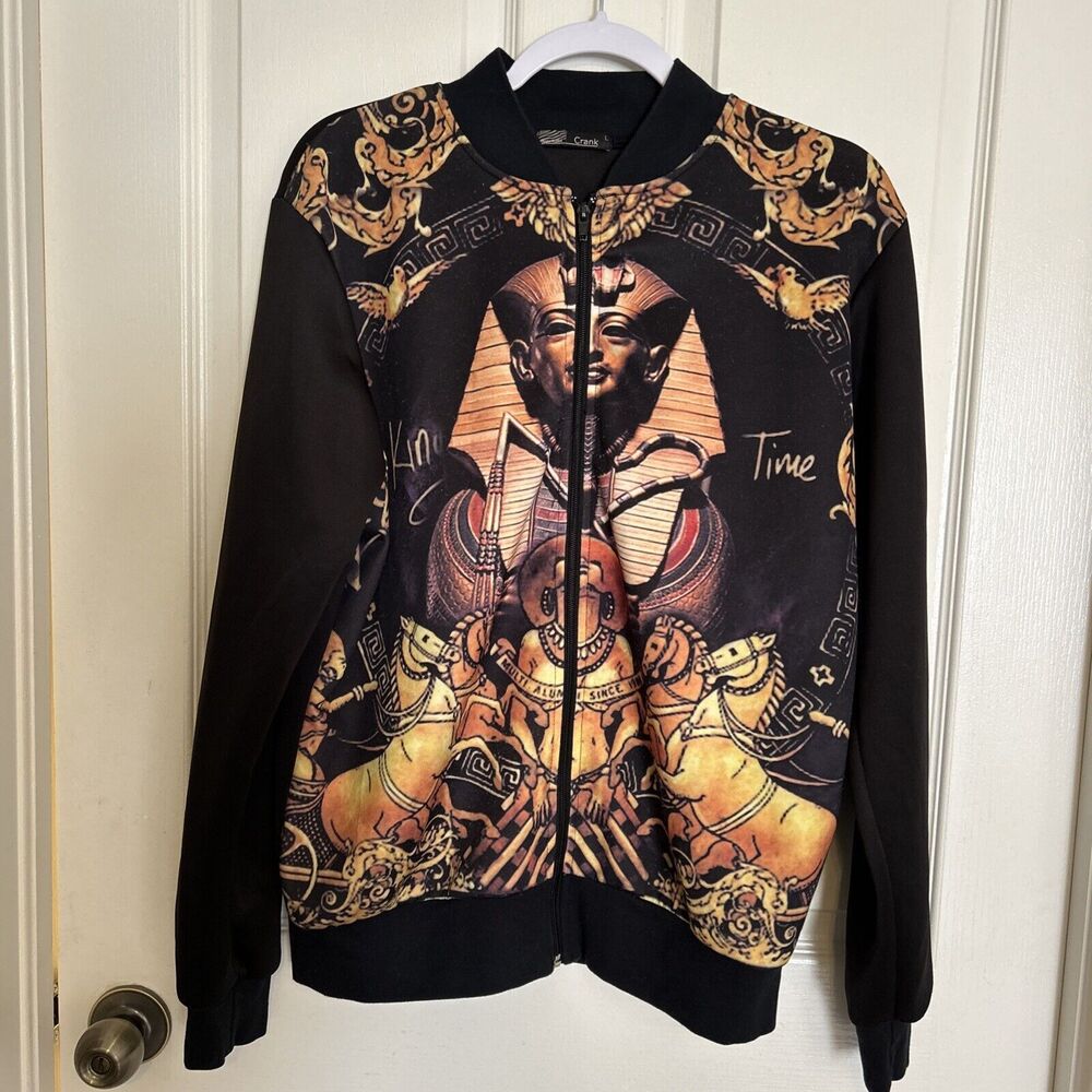 CRANK Women’s Egyptian King Time Black And Gold 80s Zip Up Jacket.Large - B42